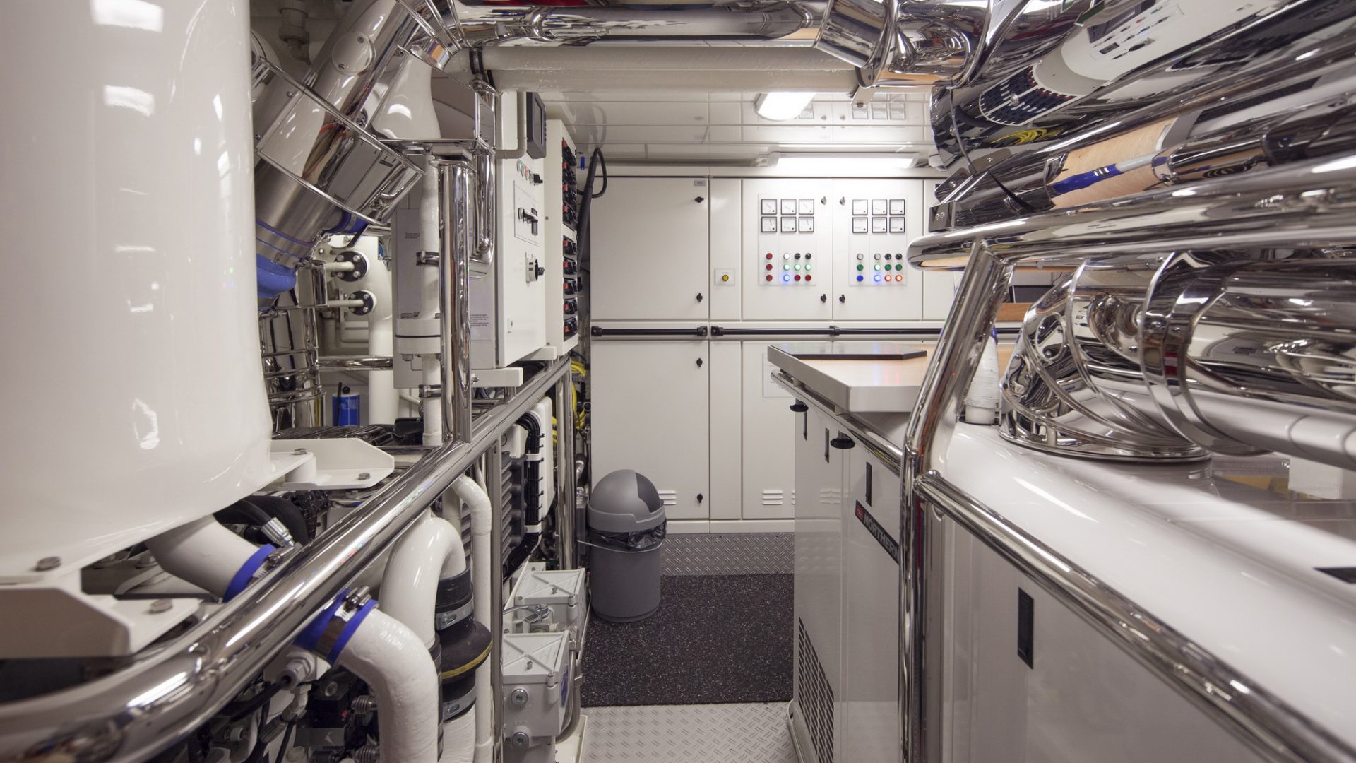 Engine room, Interior of Wisp, a 156 foot (48 meter) sailing yacht built by Royal Huisman and designed by Hoek Design.